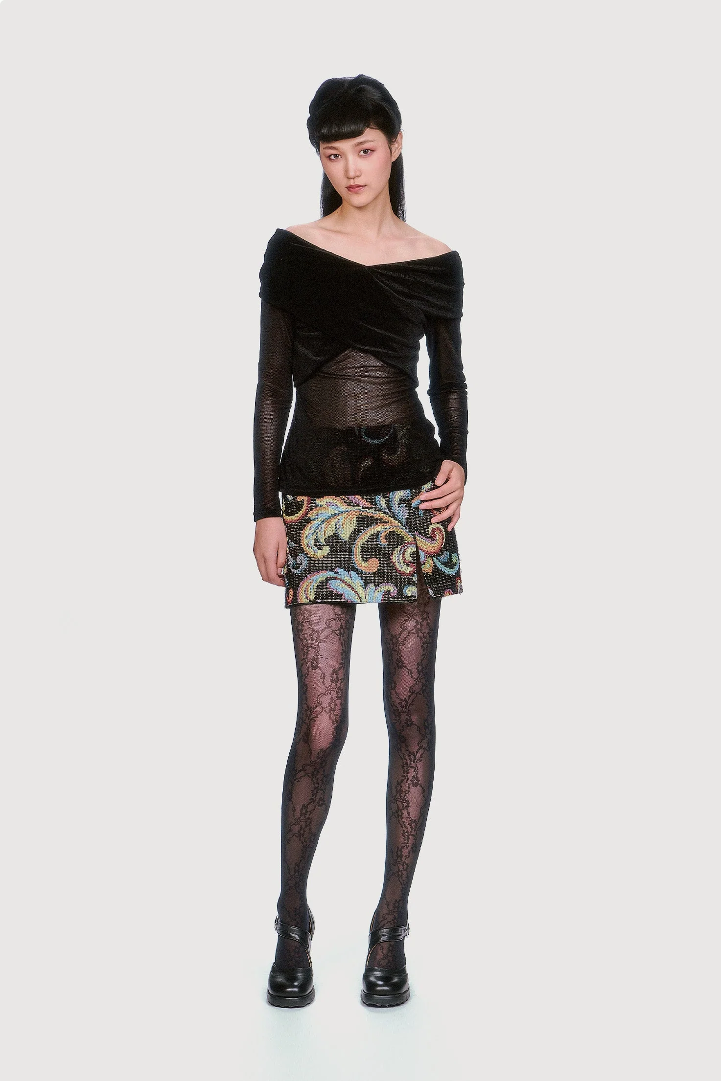 Velvet Mesh Off the Shoulder Top - Black - Image 5